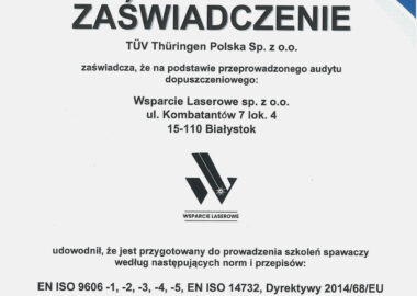 Wsparcie Laserowe organizuje szkolenia w całej Polsce zakończone egzaminem i wydaniem certyfikatu TÜV Thüringen – uznawanego w całej Unii Europejskiej.